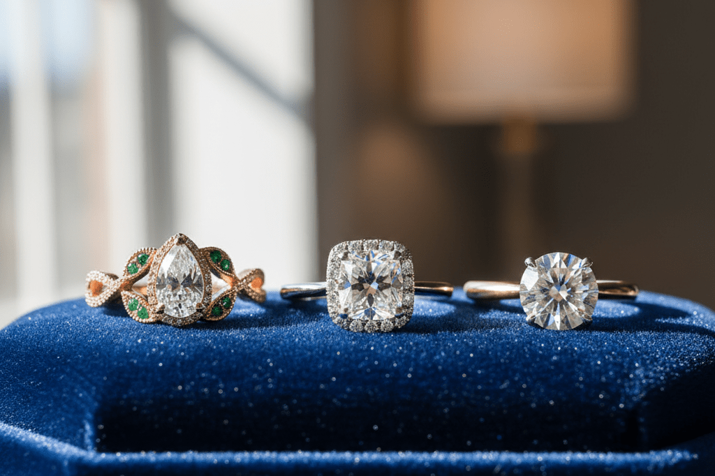 Close-up of elegant engagement rings on velvet surface under soft natural light highlighting trends in jewelry design