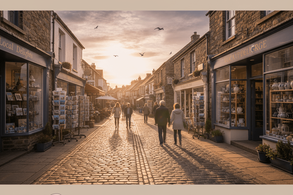 Boutique shops in a picturesque coastal town displaying location-inspired merchandise under warm ambient lighting, reflecting tourism-driven commerce