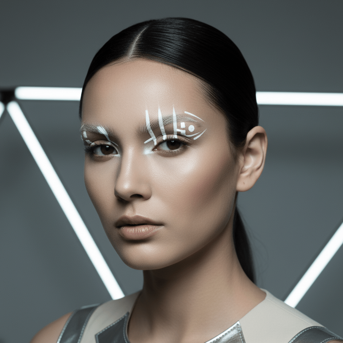 Model with faux slit eyebrow design and sleek hair, showcasing matte makeup.