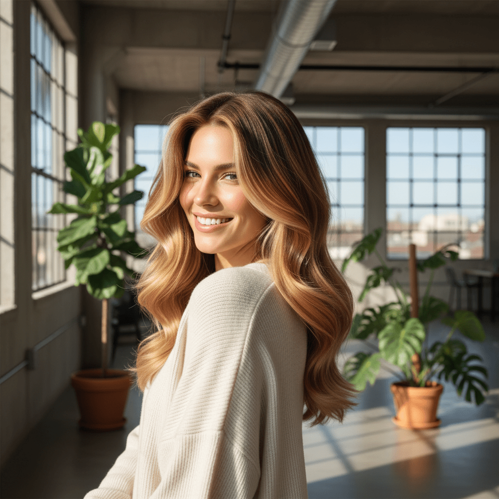 Model with silky, voluminous caramel and golden blonde hair in a modern loft.