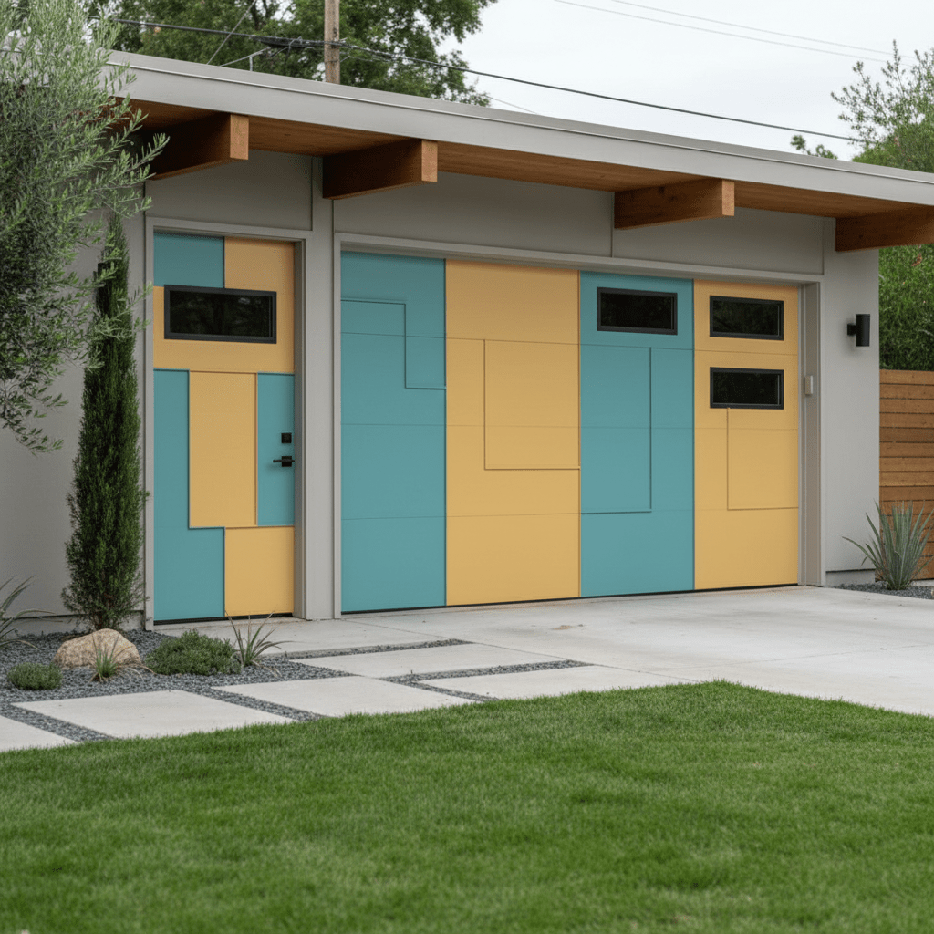 Mid-century modern garage door with teal and yellow panels and geometric windows.