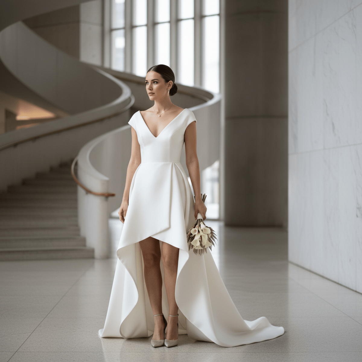 Bride in a high-low Mikado silk wedding dress with geometric lines.