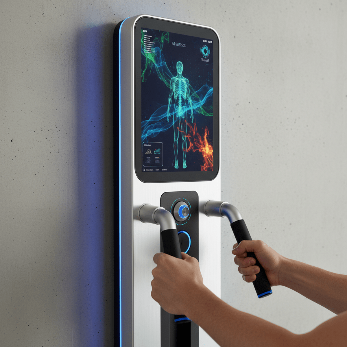 Futuristic AI home exercise machine with glowing accents and form analysis.