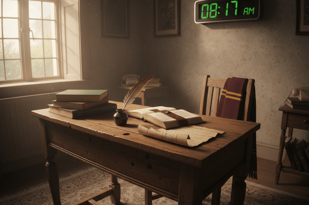 Stylized 1990s British school desk featuring vintage books, quill, and parchment under soft ambient light, capturing authentic period essence
