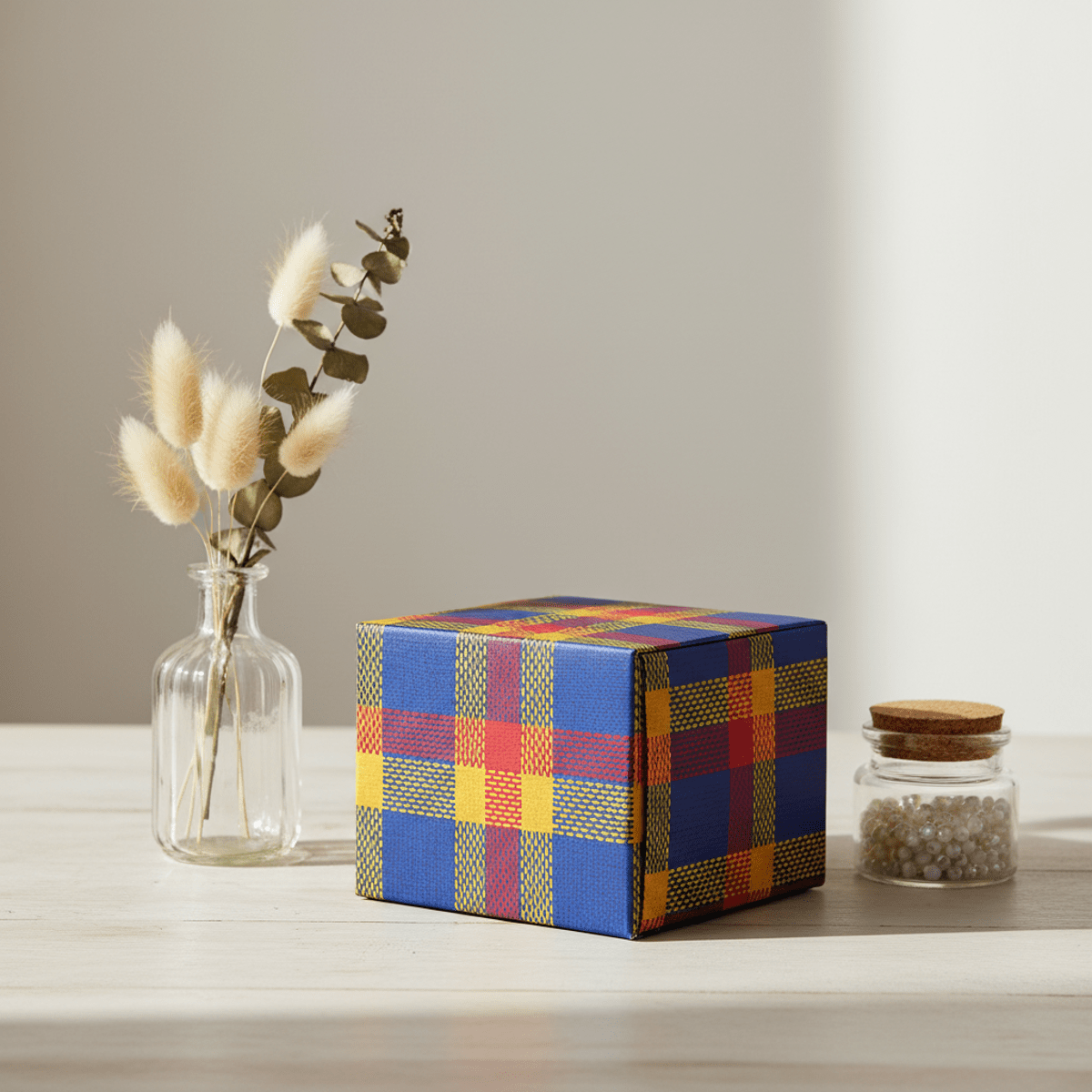 Luxury candle box featuring vibrant Ghana must-go bag plaid pattern on textured paper.