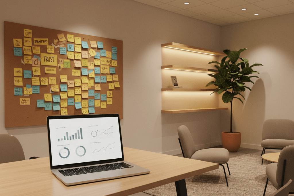 Warmly lit workspace symbolizing community-focused marketing strategies Modern office setup featuring engagement tools and creative brainstorming elements, highlighting authentic brand connections