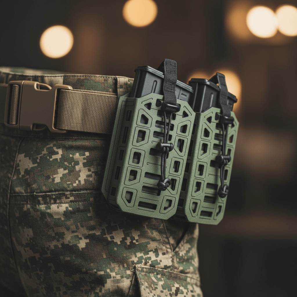 Modern rifle magazine pouches on a tactical belt with laser-cut laminate.