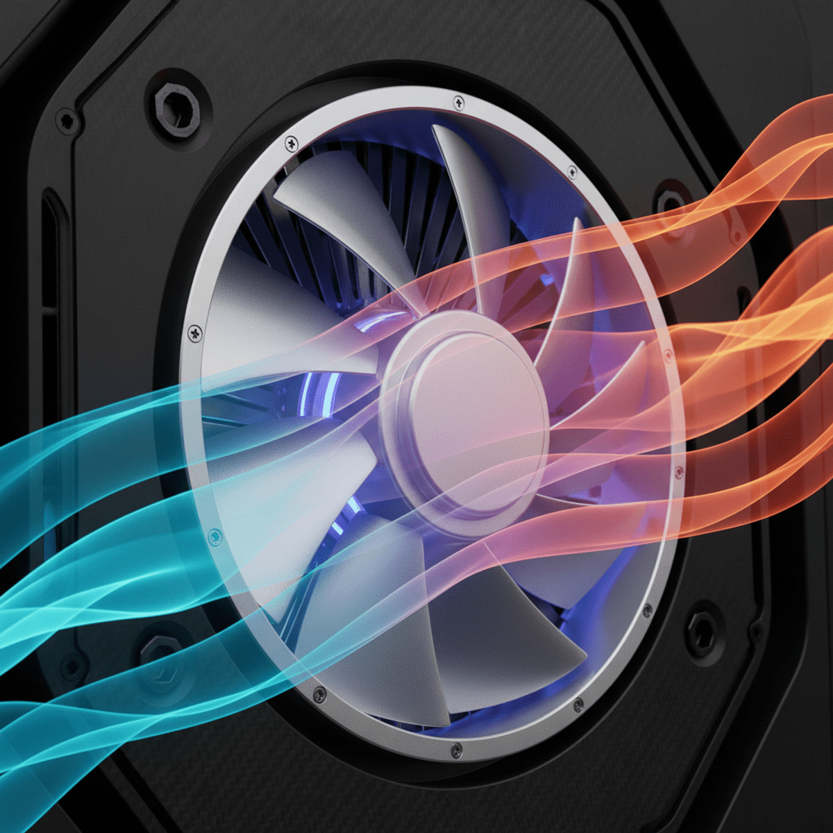 EV fast-charging battery thermal management fan detail Futuristic centrifugal fan with precision blades for EV fast-charging battery thermal management.