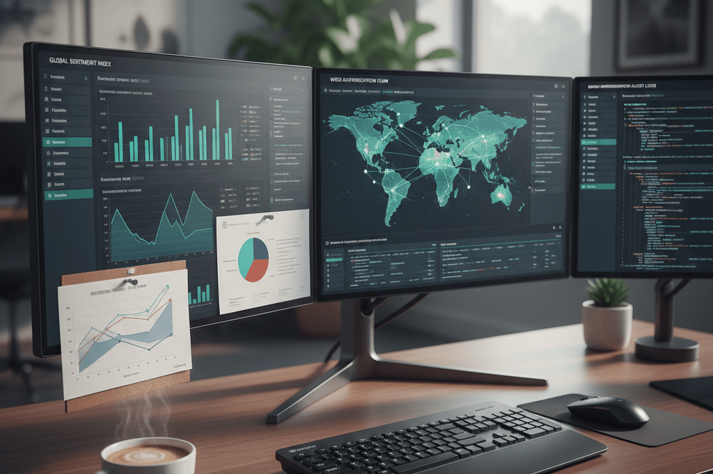 Close-up of a tech setup with monitors displaying reputation analytics, symbolizing proactive brand protection strategies