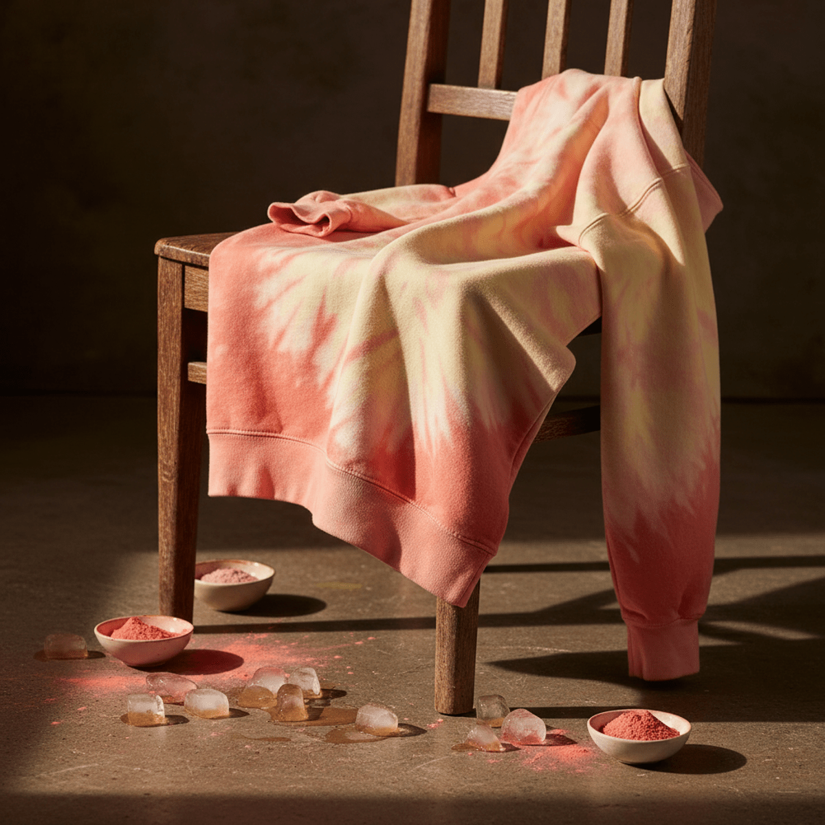 Pastel tie-dye sweatshirt with coral, peach, yellow, and pink hues draped over a wooden chair.