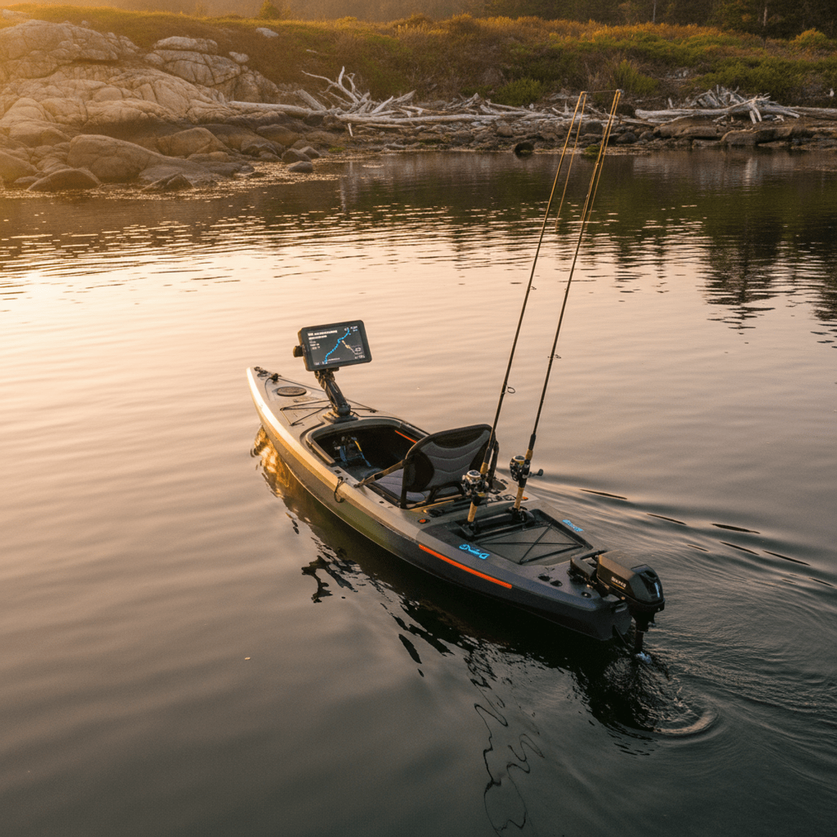 Autonomous fishing kayak navigates shoreline at golden hour. Autonomous fishing kayak with GPS navigating a winding shoreline at golden hour.