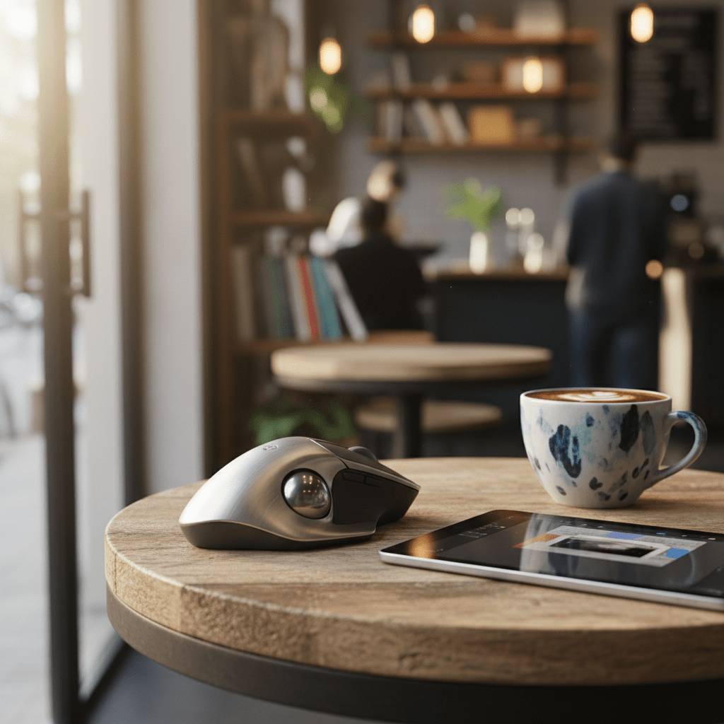 Ultra-portable trackball mouse with pen grip beside a tablet and coffee.