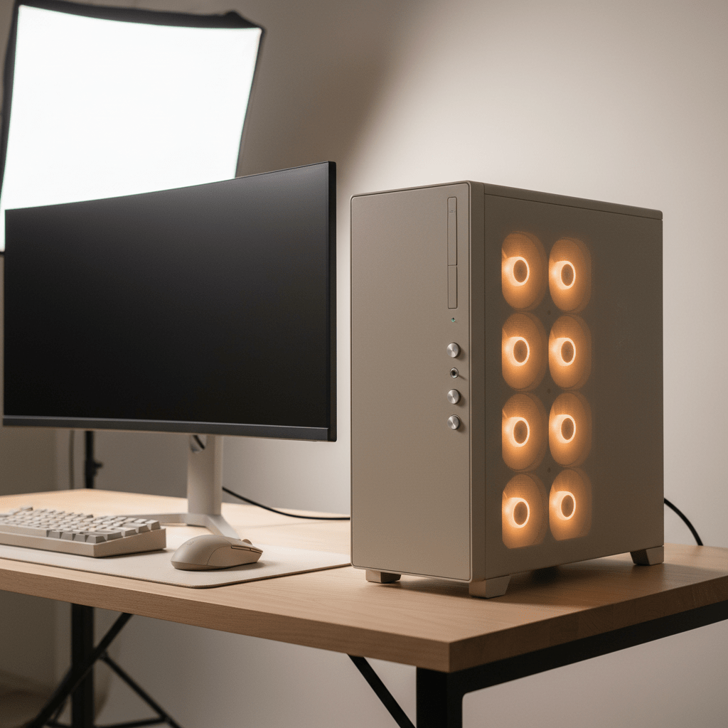 Sleek retro PC case with amber LED fans and geometric ventilation.