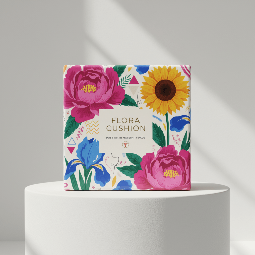 Maternity pad packaging with bold florals and geometric shapes on a pedestal.