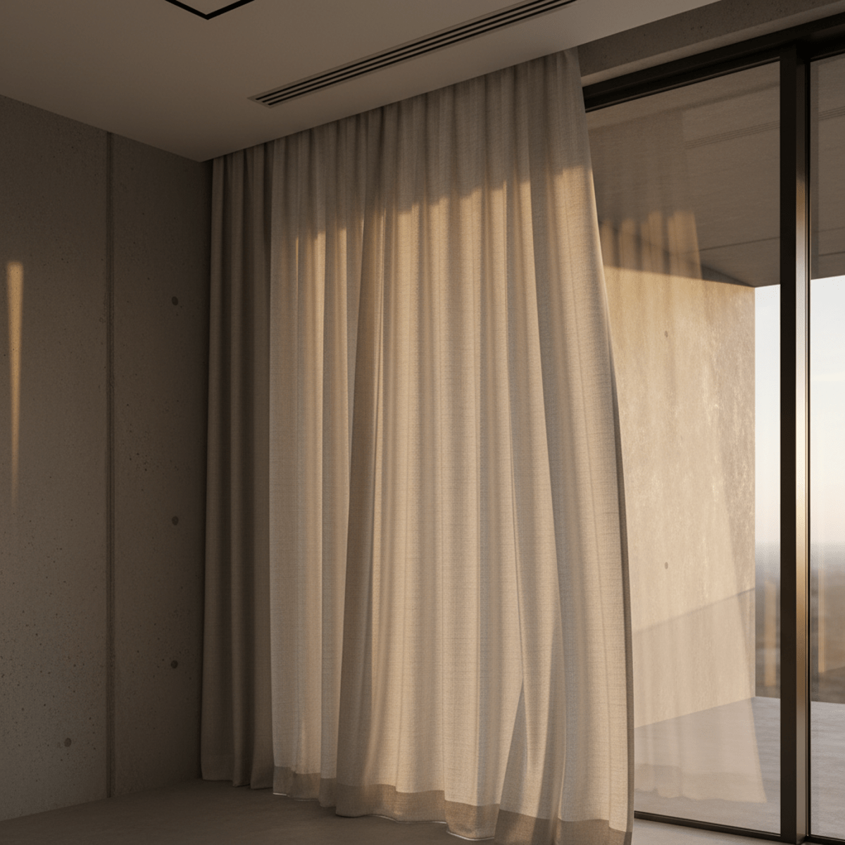 Modern wave-fold linen blend curtains in neutral tones. Neutral-toned wave-fold drapes in smooth linen blend with integrated motorized track.