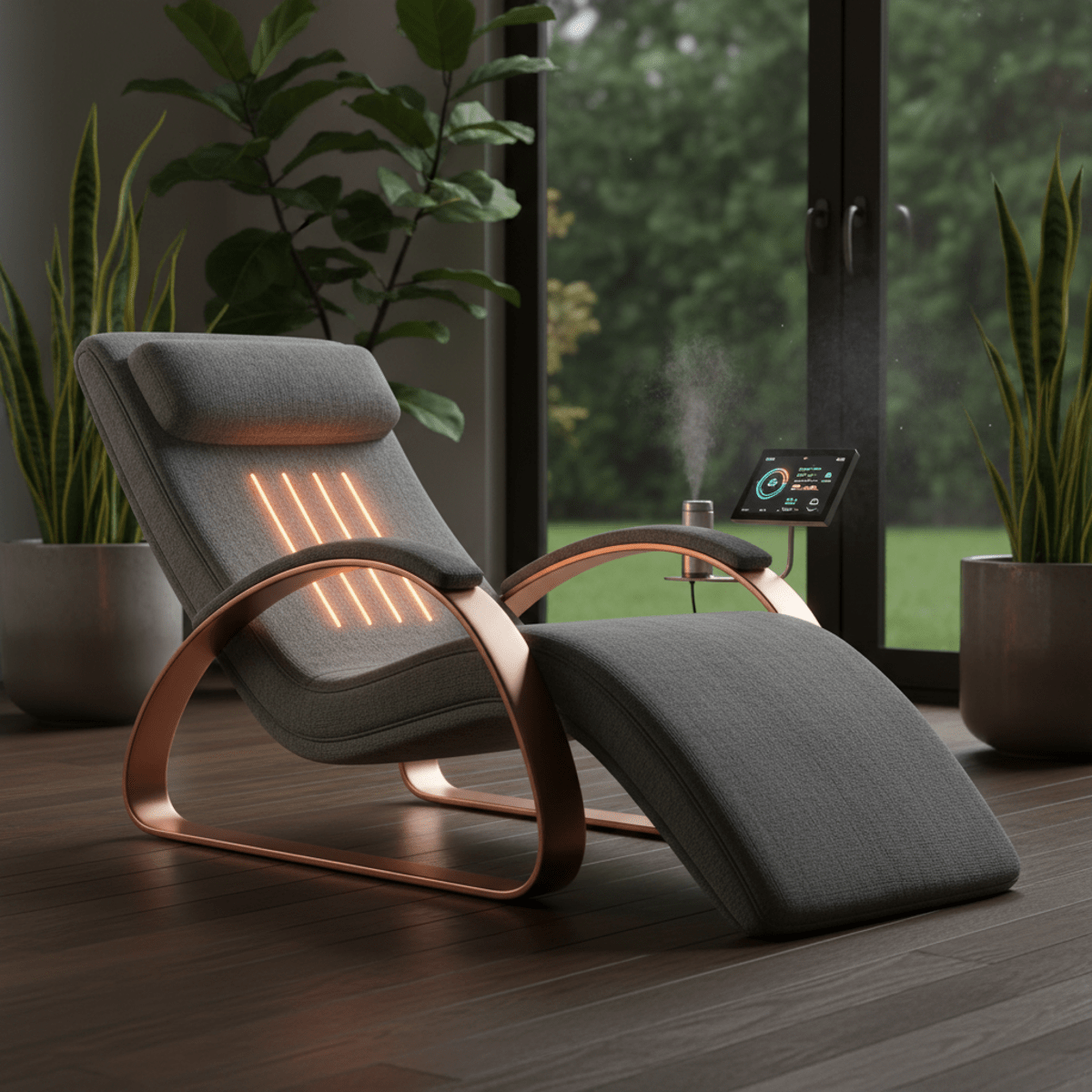 Plush wellness lounger with metallic accents in a serene home fitness space.