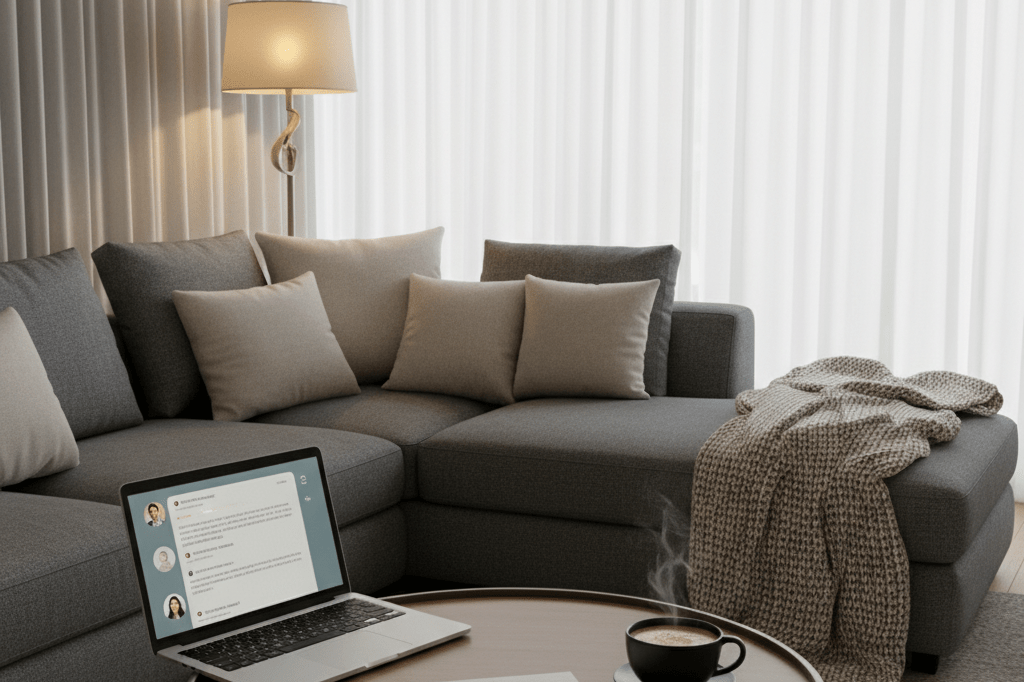 Warmly lit living space with laptop displaying social media content, emphasizing organic audience interaction