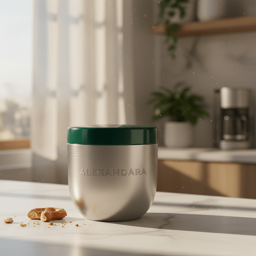 Luxury brushed stainless steel snack cup with personalized name and emerald lid.