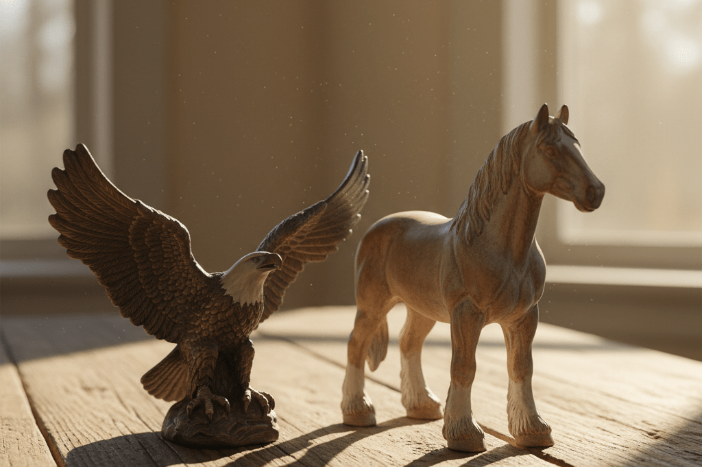 Close-up of a bronze bald eagle and ceramic Clydesdale figurine on a weathered wooden table under natural light