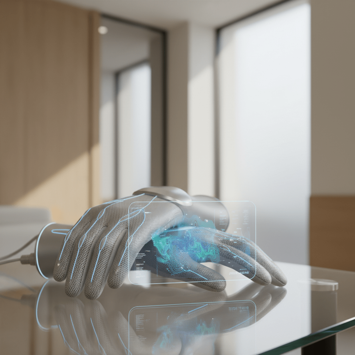 Futuristic microcurrent gloves on glass table with holographic skin analysis display.