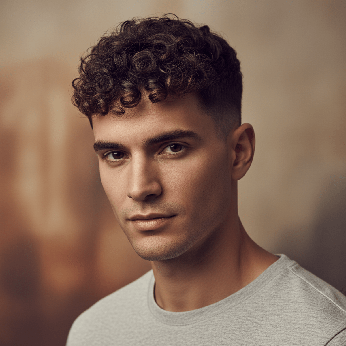 Man's 2026 high-contrast curl top hairstyle with crisp definition. Fashionable man in 2026 with a high-contrast, moisture-rich curl top hairstyle and skin fade.