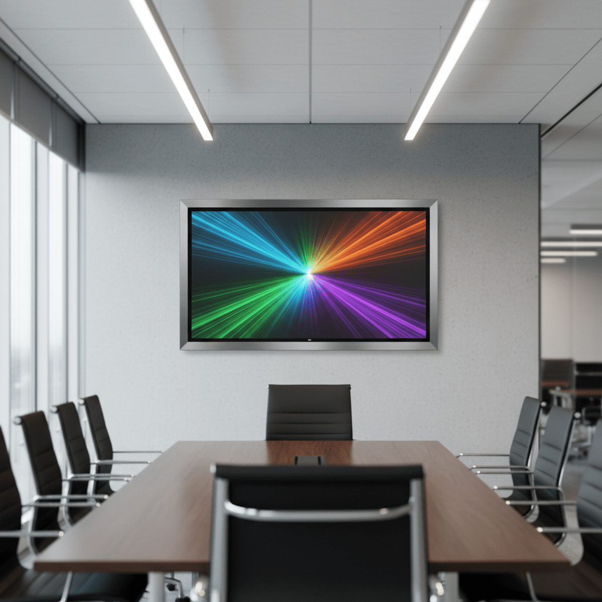 Large ultra-bright commercial television in a modern conference room with vivid colors.