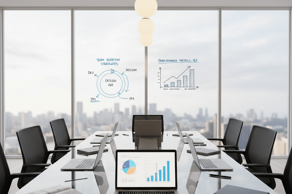 Empty meeting room with diagrams and tools for team rotation strategies under natural light, symbolizing workforce management