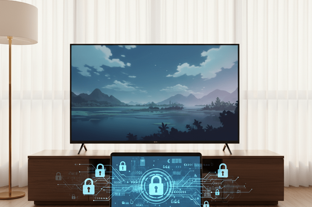 Television and laptop in living room showing generic anime and data charts under natural light