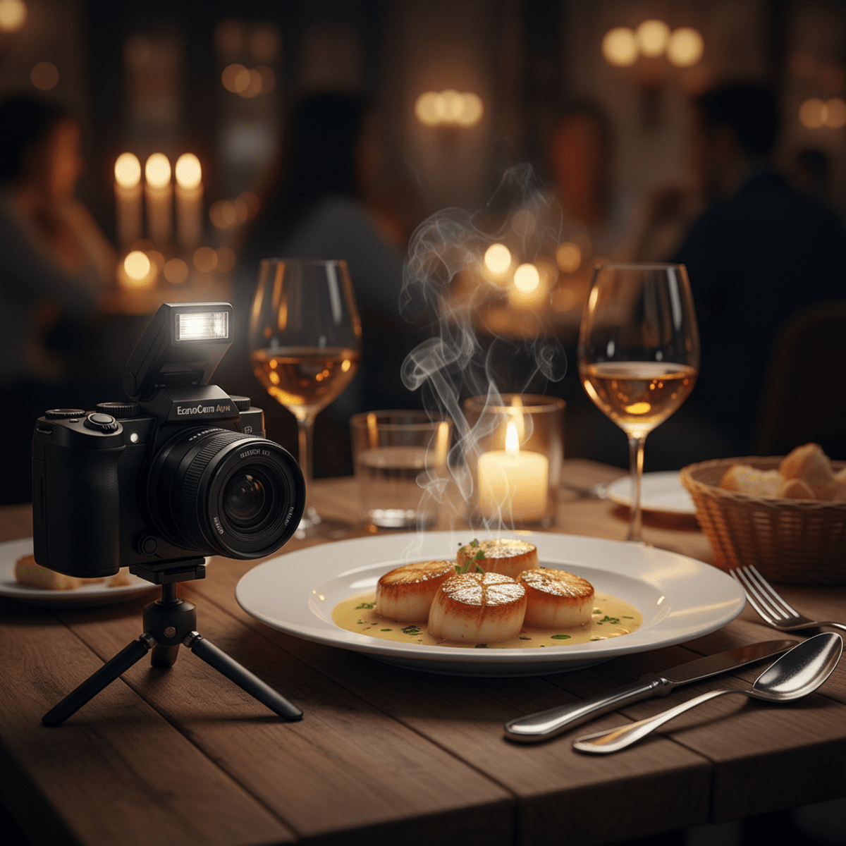 Gourmet dish captured in candlelight, steam rising, macro detail on glistening sauce.
