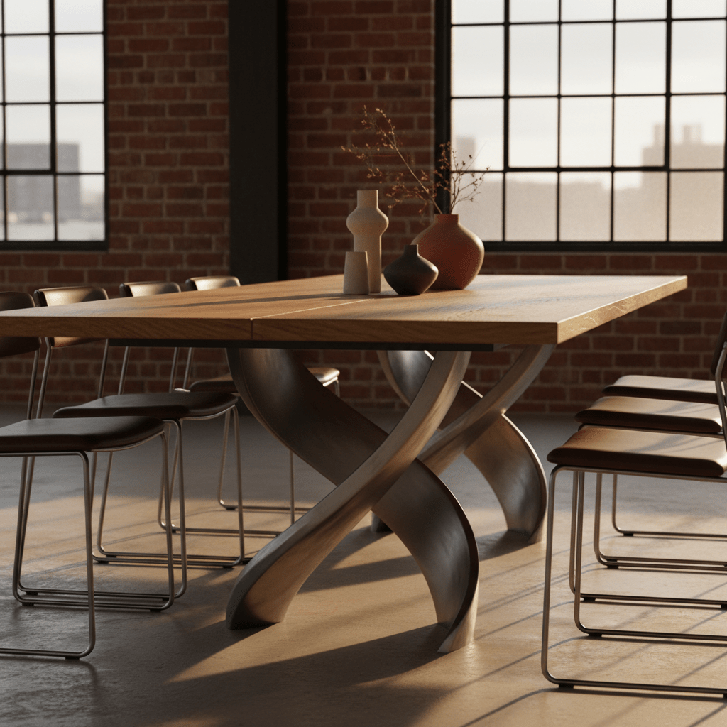 Sculptural oak and steel dining table, 2026 design Modern 12-person dining table with weathered oak and brushed steel pedestal.