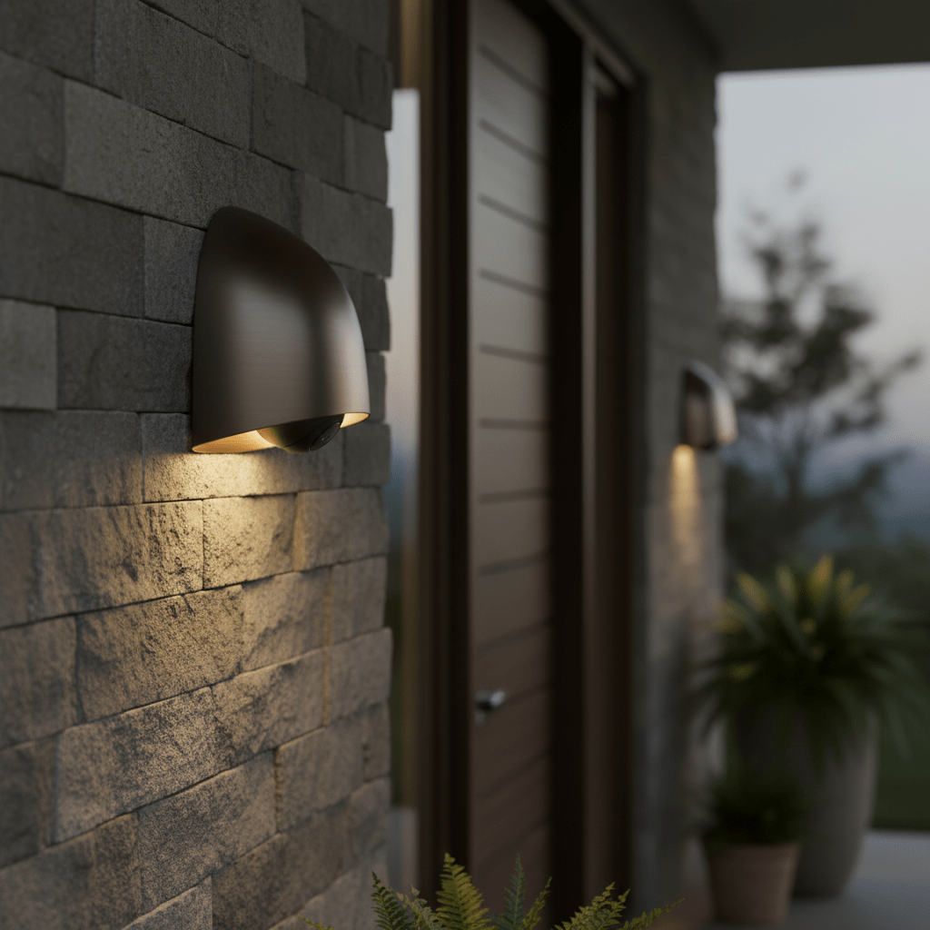 Sleek modern porch light with integrated security camera casts warm glow on stone.