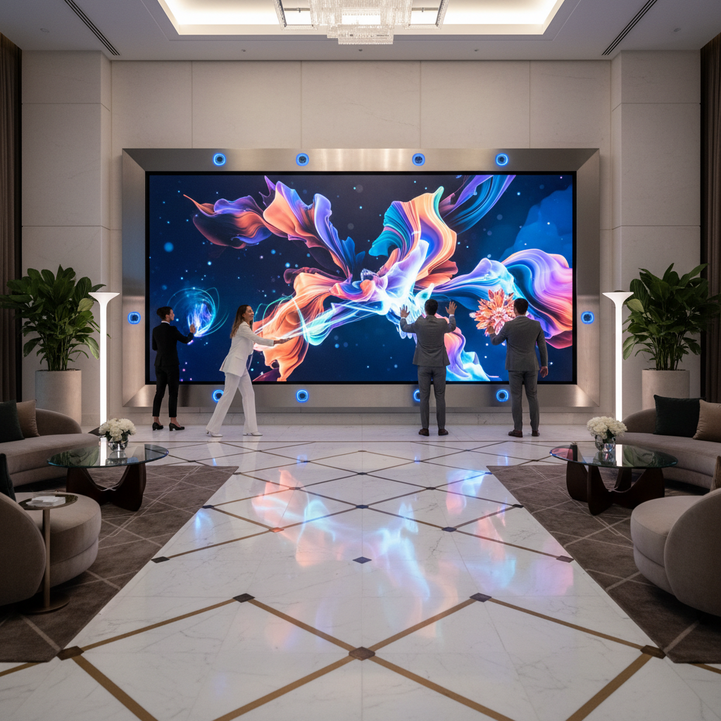 Luxurious hotel lobby with a massive interactive digital art TV wall.
