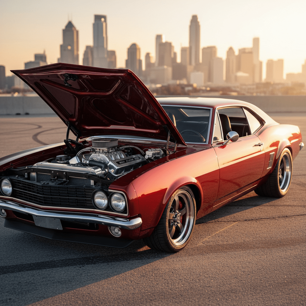 Modern restomod sports car hood open revealing detailed 383 crate engine with aluminum heads.