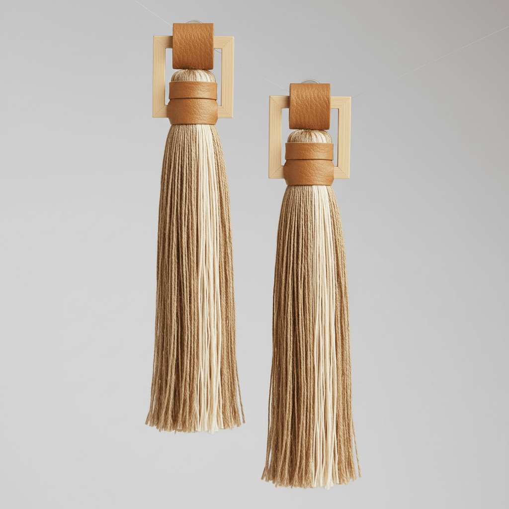 Close-up of eco-luxe earrings made from polished raffia, jute, and pineapple leaf leather.