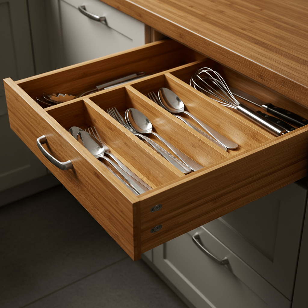 Close-up of a honey-toned bamboo kitchen drawer with cutlery and cooking tools.