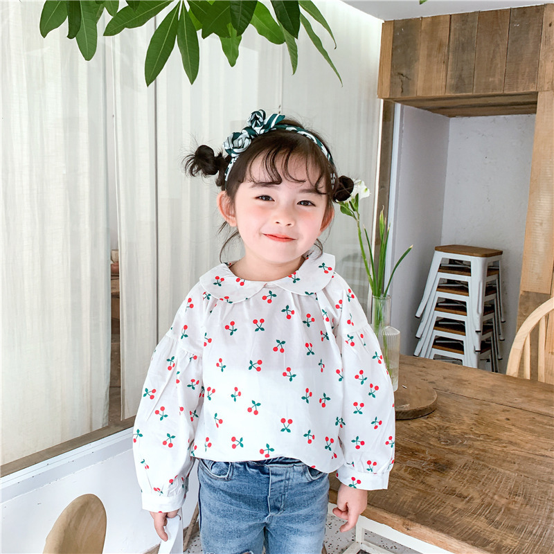 Милые блузки для маленьких девочек на весну и осень, Детские рубашки с кружевными лацканами и длинными рукавами-вишнями с рюшами, топы, детская одежда для девочек, футболка, 2020