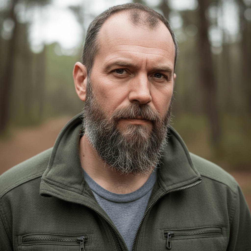 Man with goatee and stubble in outdoor jacket, natural landscape background.