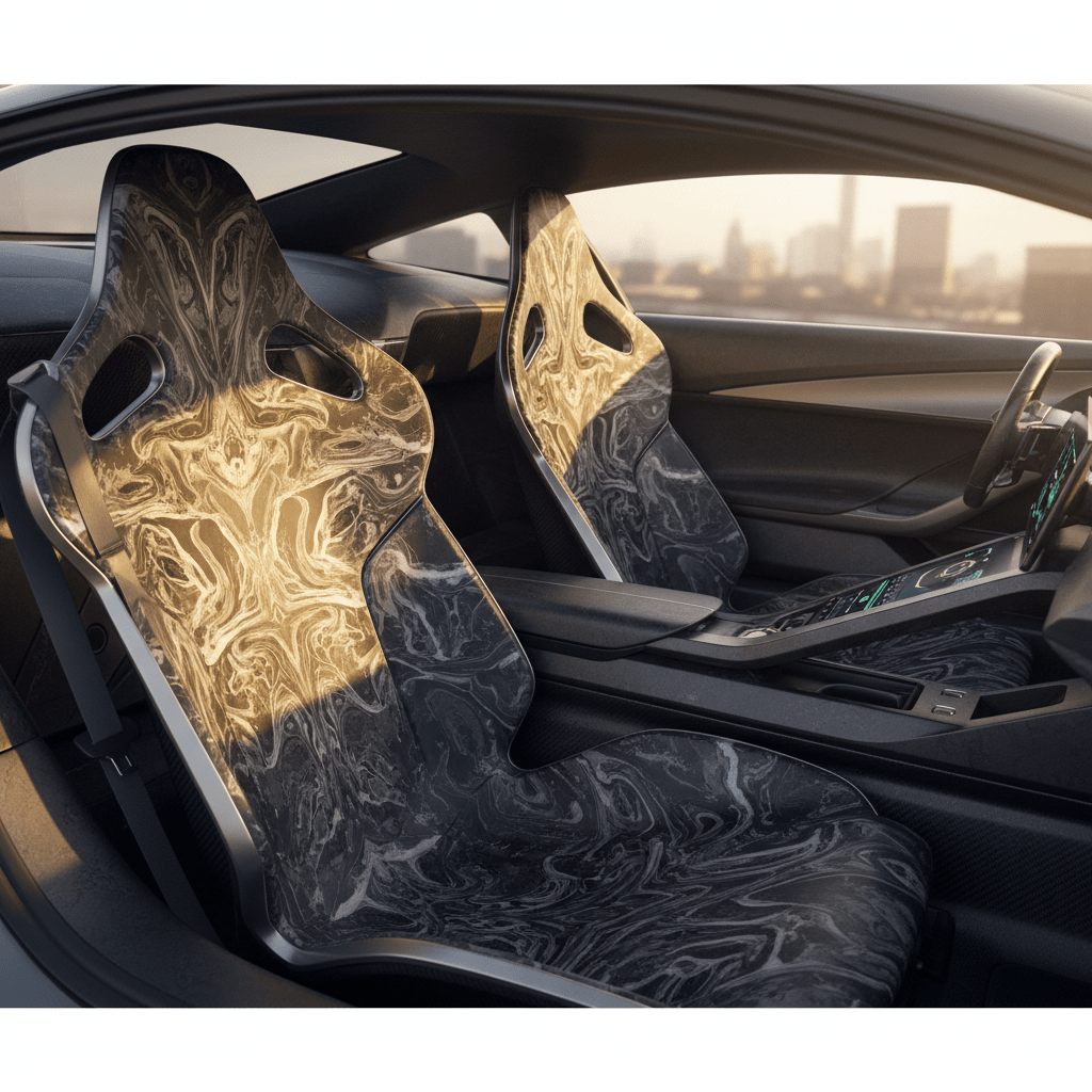 Forged carbon bucket seats in a futuristic hypercar cockpit with marble-like patterns.
