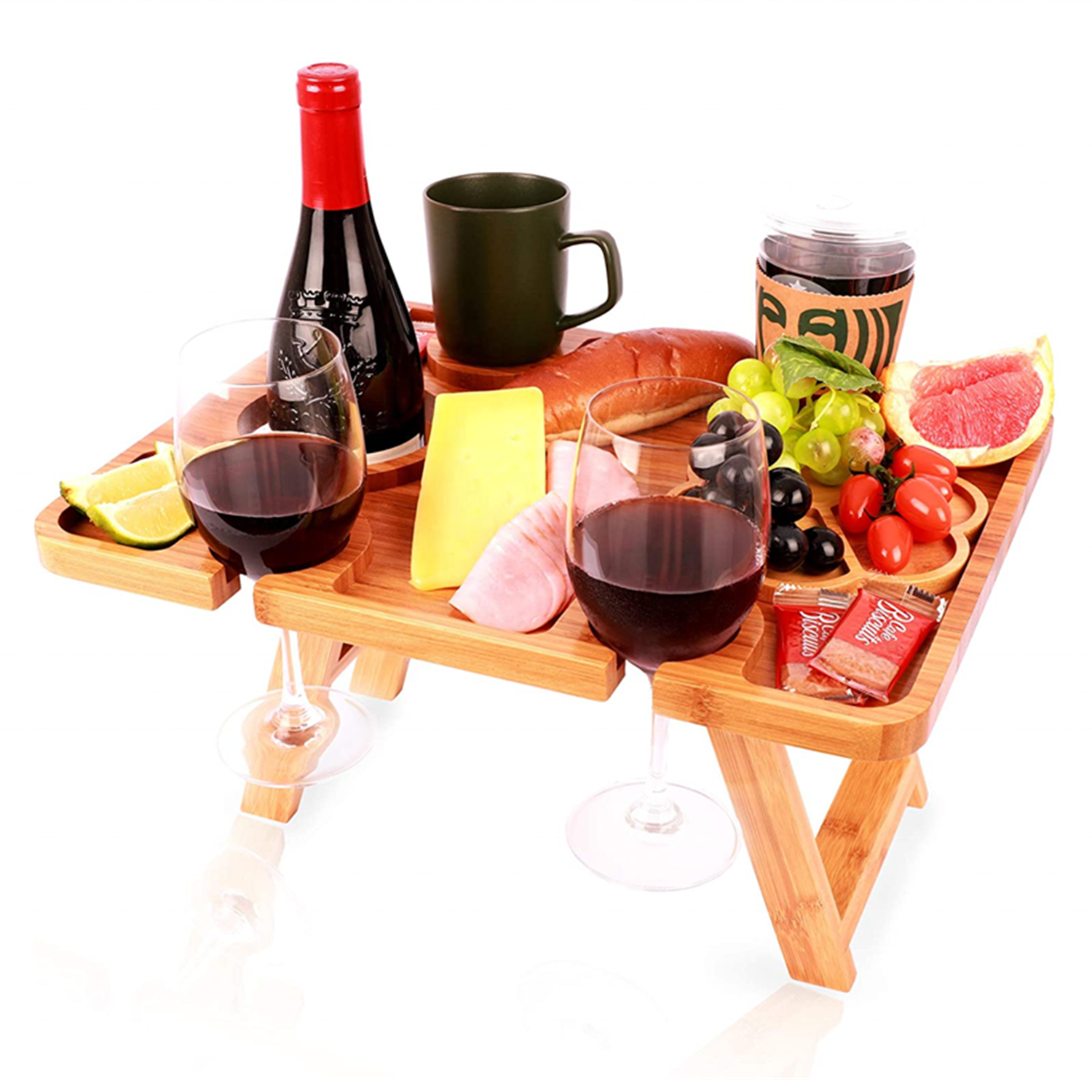 Оптовая продажа, уличный портативный складной столик из бамбука для вина и пикника с подставкой для вина, для пляжа, парка и кемпинга на открытом воздухе
