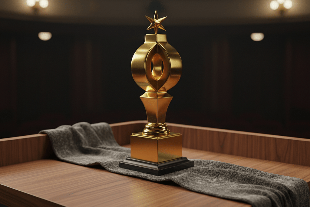 Close-up of a reflective gold award trophy centered on a warm-toned wooden podium with soft ambient lighting