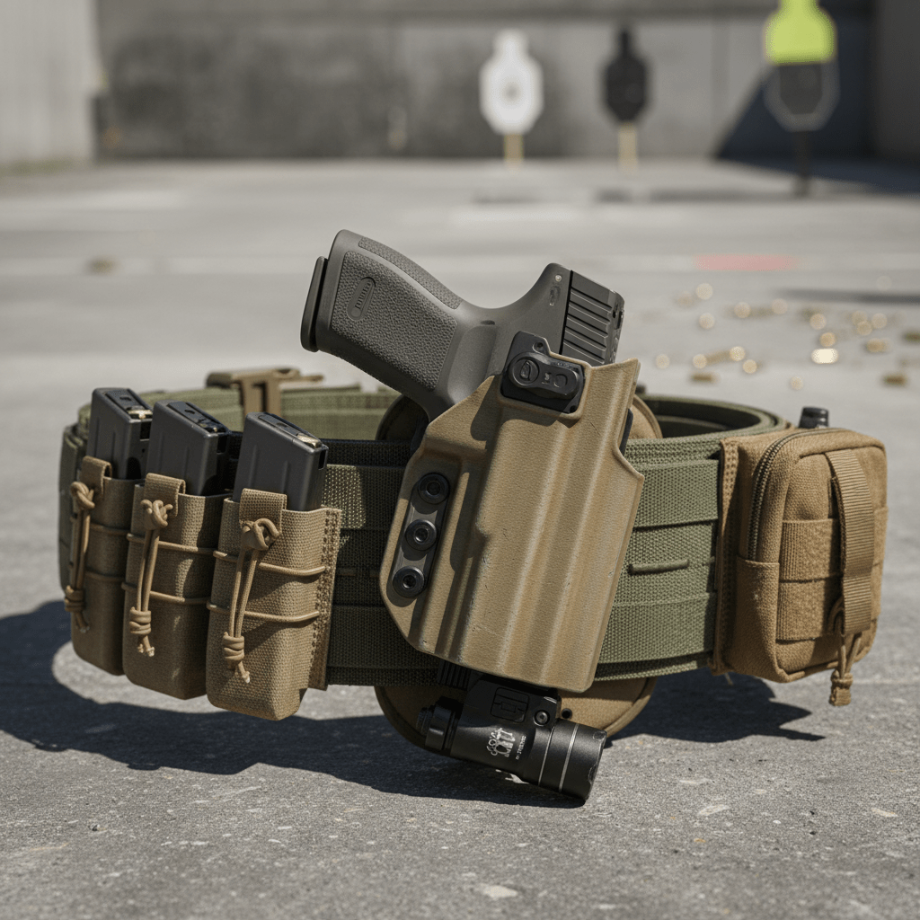 Close-up of a 2026 airsoft battle belt with a retention holster and tactical gear.