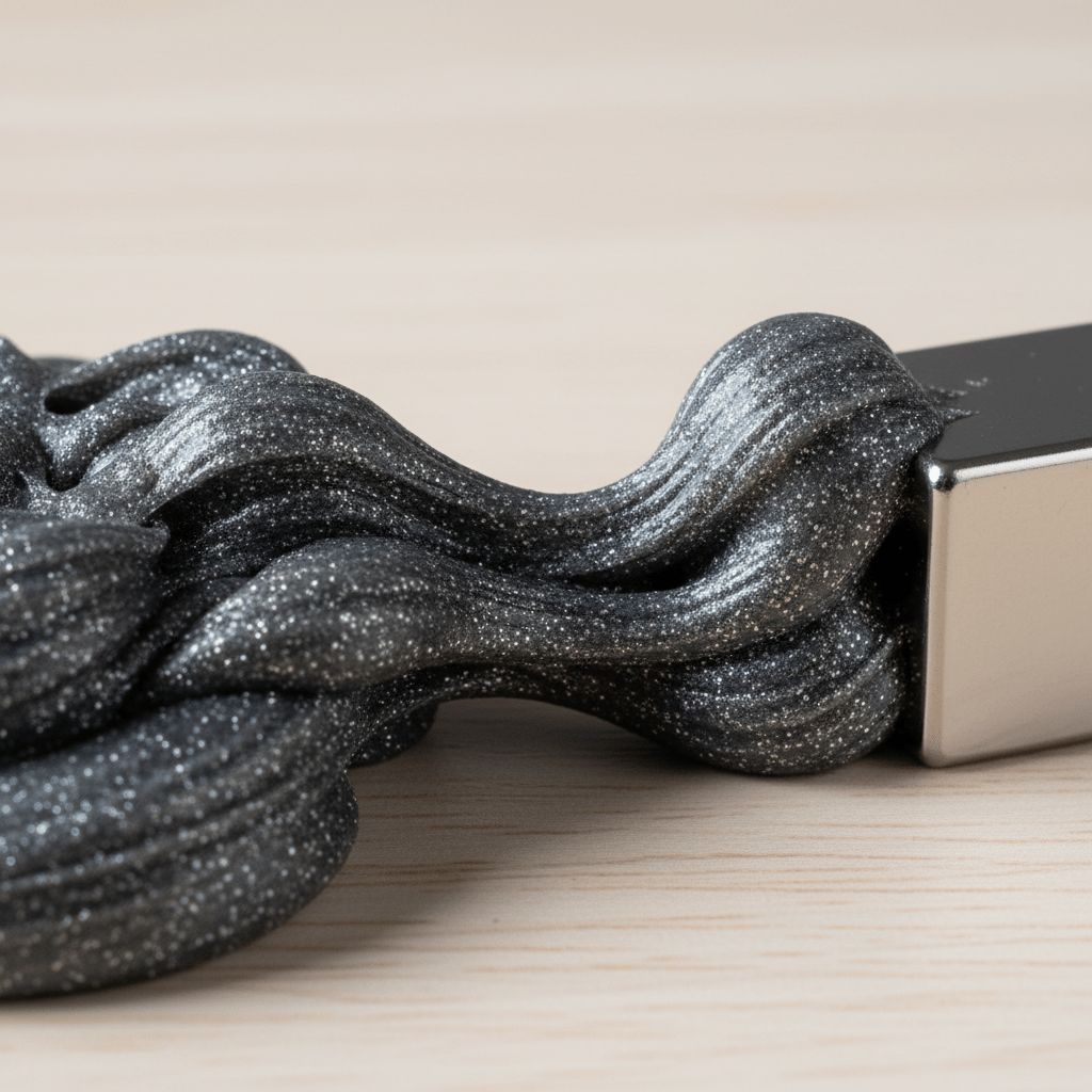 Fidget putty and magnetic cube creating mesmerizing sculptural curves. Magnetic fidget putty with iron particles forming sculptural curves near a neodymium cube.