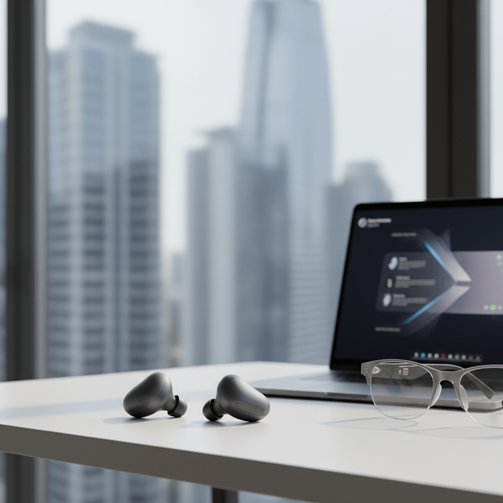 Sleek noise cancelling earbuds on a modern workstation with soft daylight.