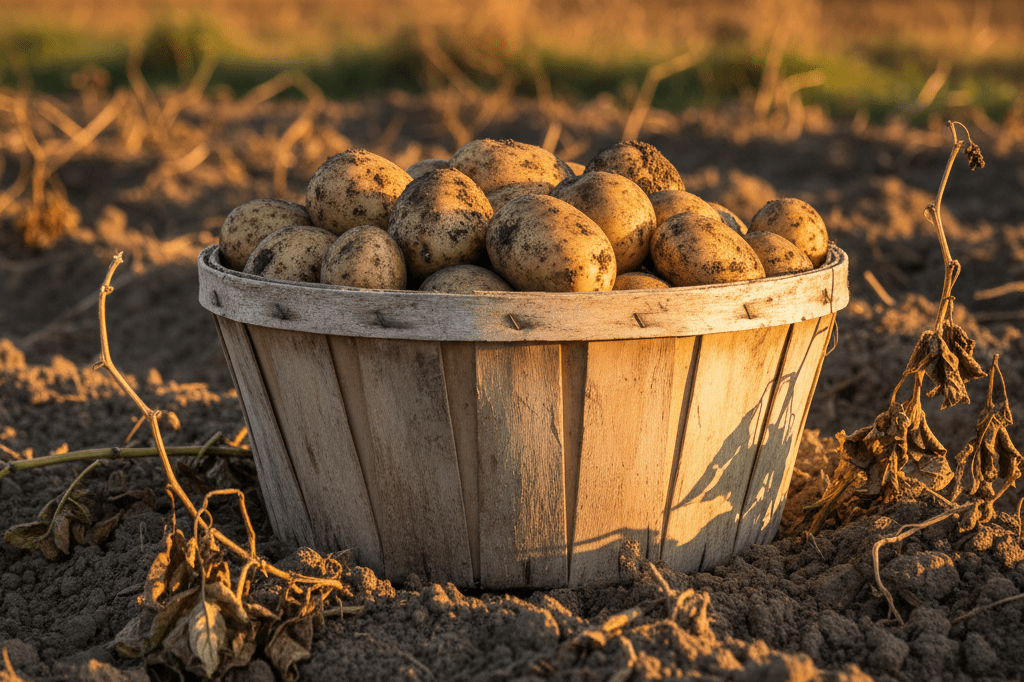 Medium shot of earthy russet potatoes in weathered wooden basket on fertile farmland soil at golden hour