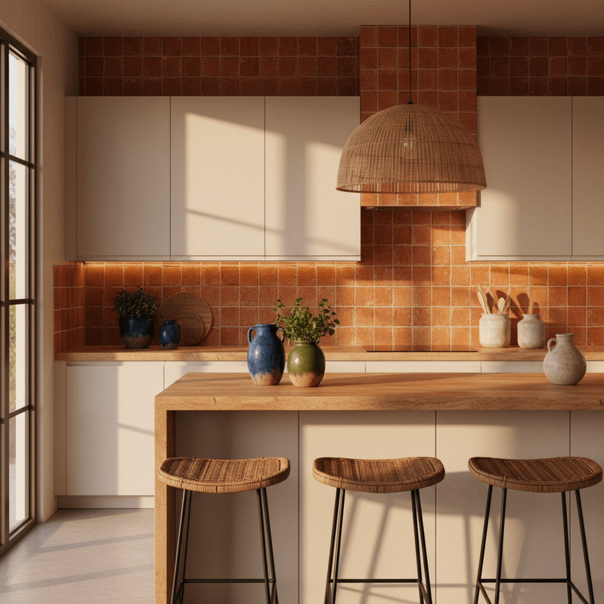 Vibrant terracotta kitchen tiles contrast creamy cabinets, butcher block, and rattan stools.