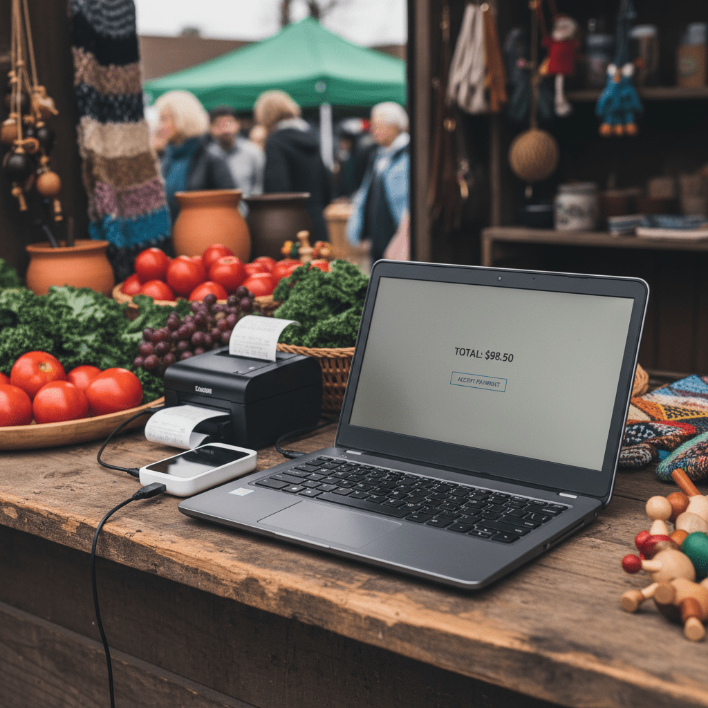 Budget laptop on a rustic market stall with card reader and produce.
