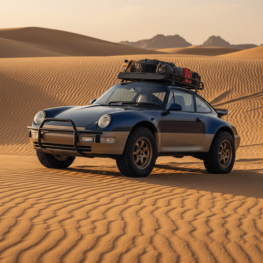 Retro sports car modified for off-road adventure in golden desert dunes.