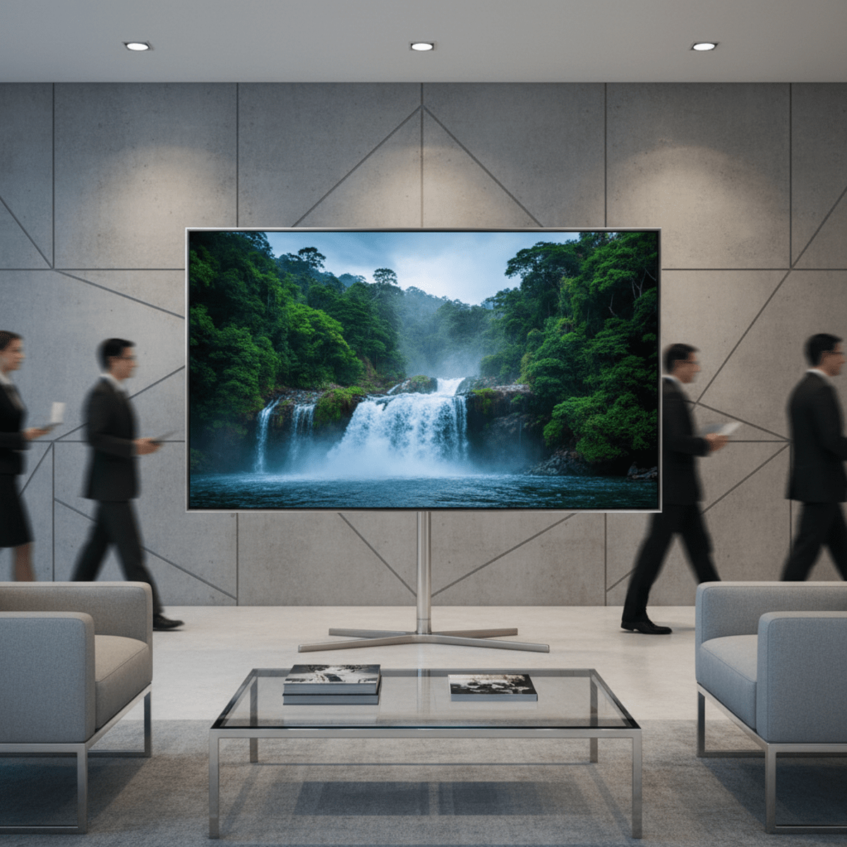 Large QLED TV streams vibrant nature documentary in modern lobby with concrete wall.