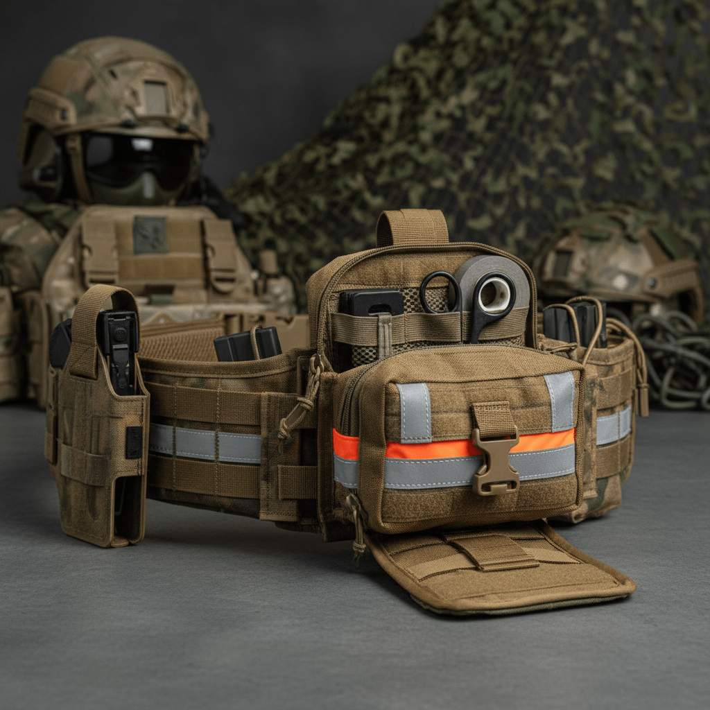 Tactical battle belt with IFAK pouch, reflective strips, and organized medical supplies.