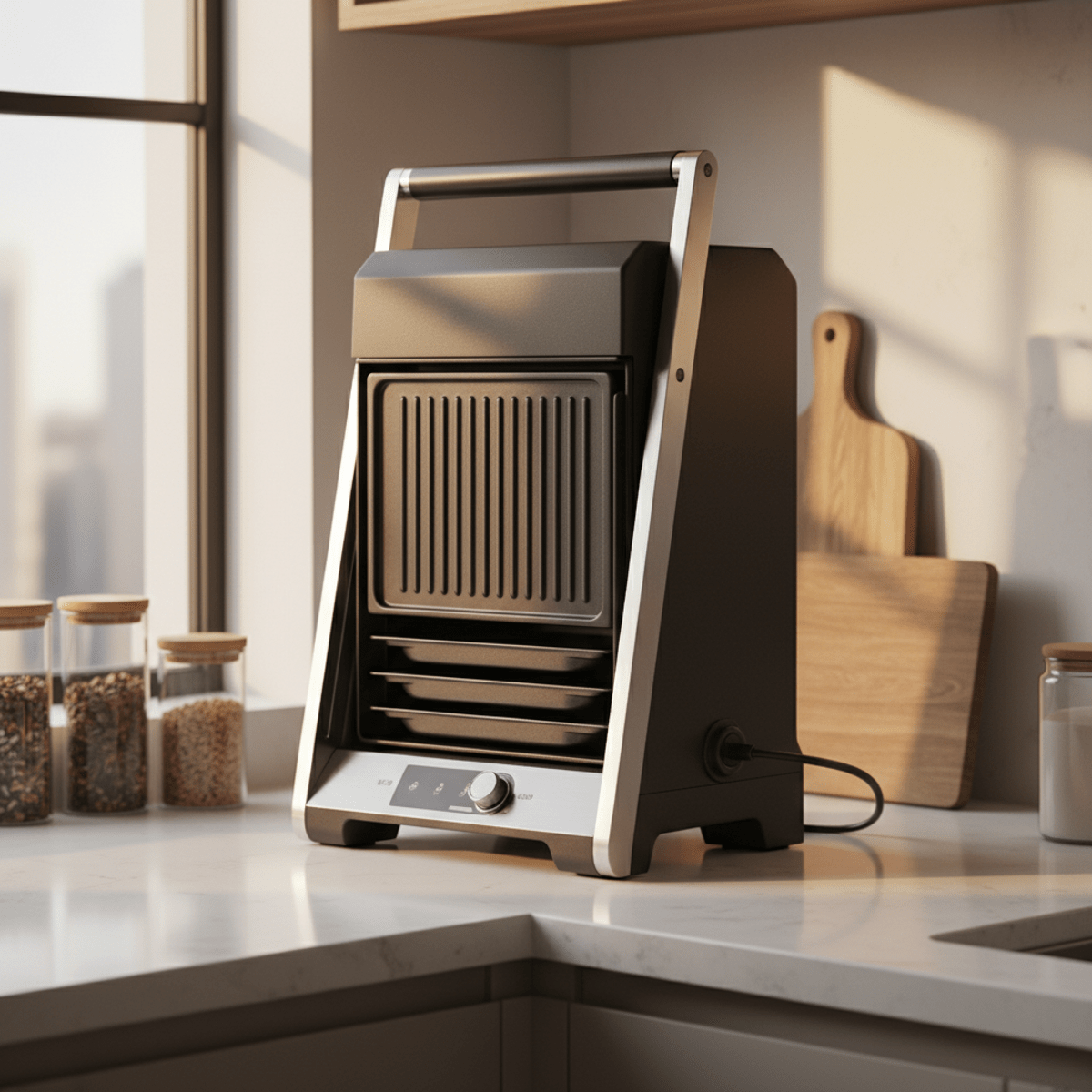 Matte black indoor grill, space-saving design, modern kitchen. Matte black indoor grill with vertical design in a modern kitchen, sunlight highlights brushed metal.